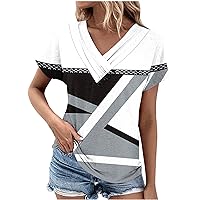 V Neck Shirts for Women 2024 Fashion Color Block Tshirts Blouses Tops Summer Short Sleeve Loose Casual Tunic Tees Pullover