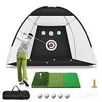 Golf Net, 10x7ft Golf Practice Net with Tri-Turf Golf Mat, All in 1 Home Golf Hitting Aid Nets for Backyard Driving Chipping Swing Training with Target/Mat/Balls/Tee/Bag - Gift for Men/Golf Lovers