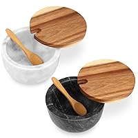 Marble Salt Cellar Box with Wood Lid & Spoon, Modern Stone Salt or Pepper Sugar Spice Seasoning Bowl Container Jar Holder Well Keeper Dish Pig Crock for Kitchen（White and Black）
