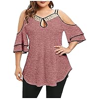 Plus Size Sequin Tops Blouses for Women, Summer Ladied Casual Cold Shoulder T Shirts Loose Fit Comfy Soft Tunic Tees