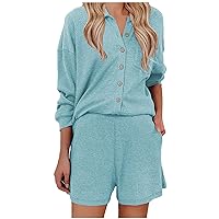Casual Outfits for Women 2 Piece Sets Long Sleeve Button Down Lapel Blouse Tops and Shorts Knit Sweater Outfits Sets