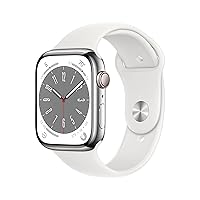 Apple Watch Series 8 [GPS + Cellular 45mm] Smart Watch w/Silver Stainless Steel Case with White Sport Band - M/L. Fitness Tracker, Blood Oxygen & ECG Apps, Always-On Retina Display, Water Resistant