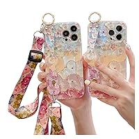 Soft Oil Painting Flowers Bracket Phone Case for iPhone 14 13 12 11 Pro Max Plus, Wrist Strap, Lanyard, Stand Back Cover, Popular Rhinestone Shell(Sakura,14 Pro Max)