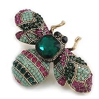 Vintage Inspired Large Statement Crystal Bee Brooch In Aged Gold Tone (Green,Magenta,Mint Hues) - 60mm Across