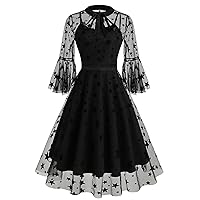 Wellwits Women's Bell Sleeves Bowtie Full Mesh Two Piece Vintage Cocktail Dress
