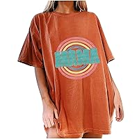 Womens Summer Tops Drop Shoulder Crew Neck T-Shirts Mama Letter Print Tunic Shirts Casual Loose Vintage Oversized Tee Blouses