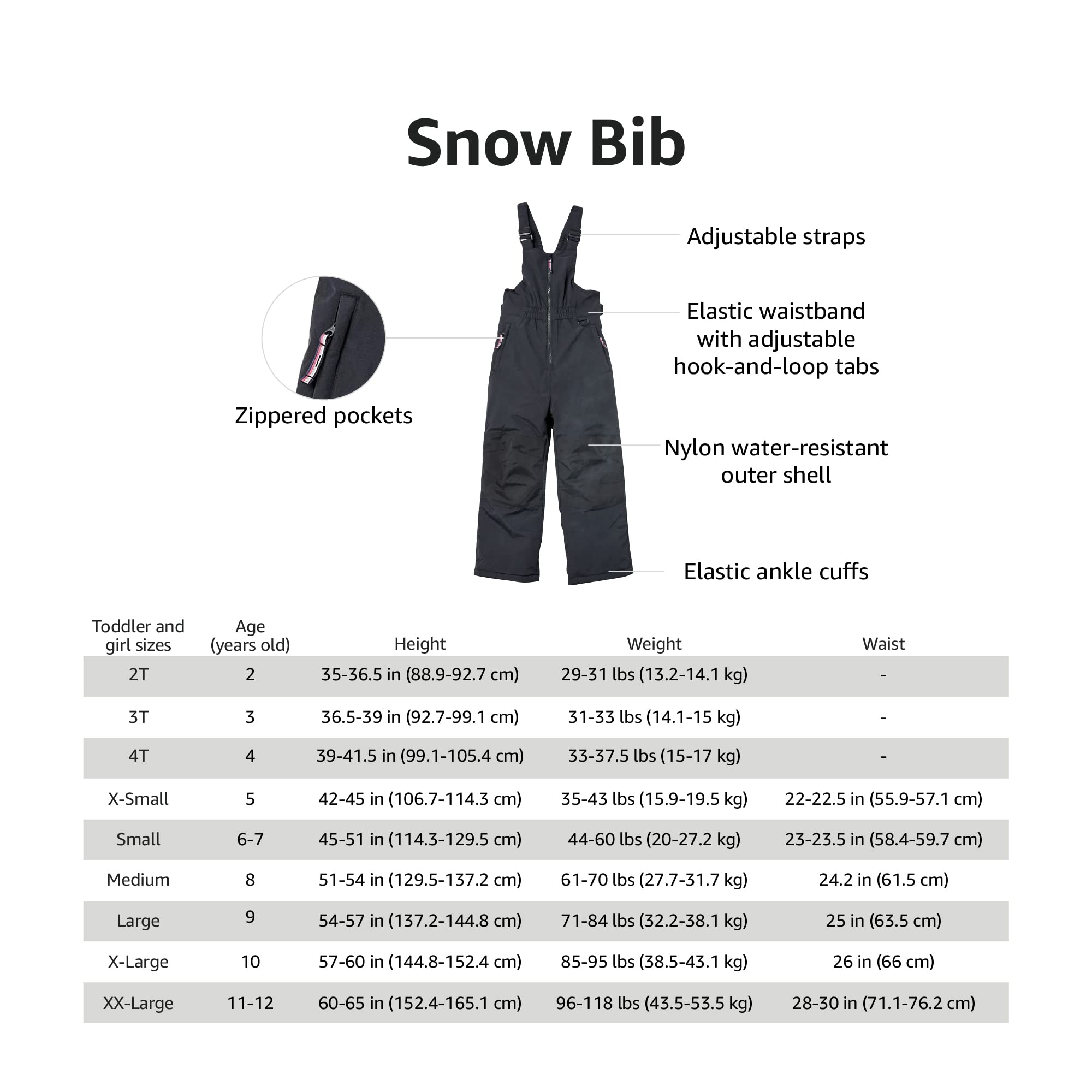 Amazon Essentials Girls and Toddlers' Water-Resistant Snow Bib