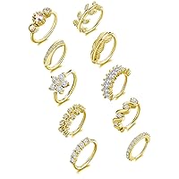 Tornito 10Pcs Nose Ring Hoop Paved Flower Leaf Feather CZ Cartilage Earrings Nose Piercing Jewelry for Women Men Silver Gold Rose Gold Tone 20G