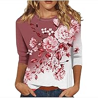 Women 3/4 Sleeve Crew Neck T-Shirt Vintage Floral Graphic Tee Oversized Loose Fit Shirts Ladies Going Out Blouse