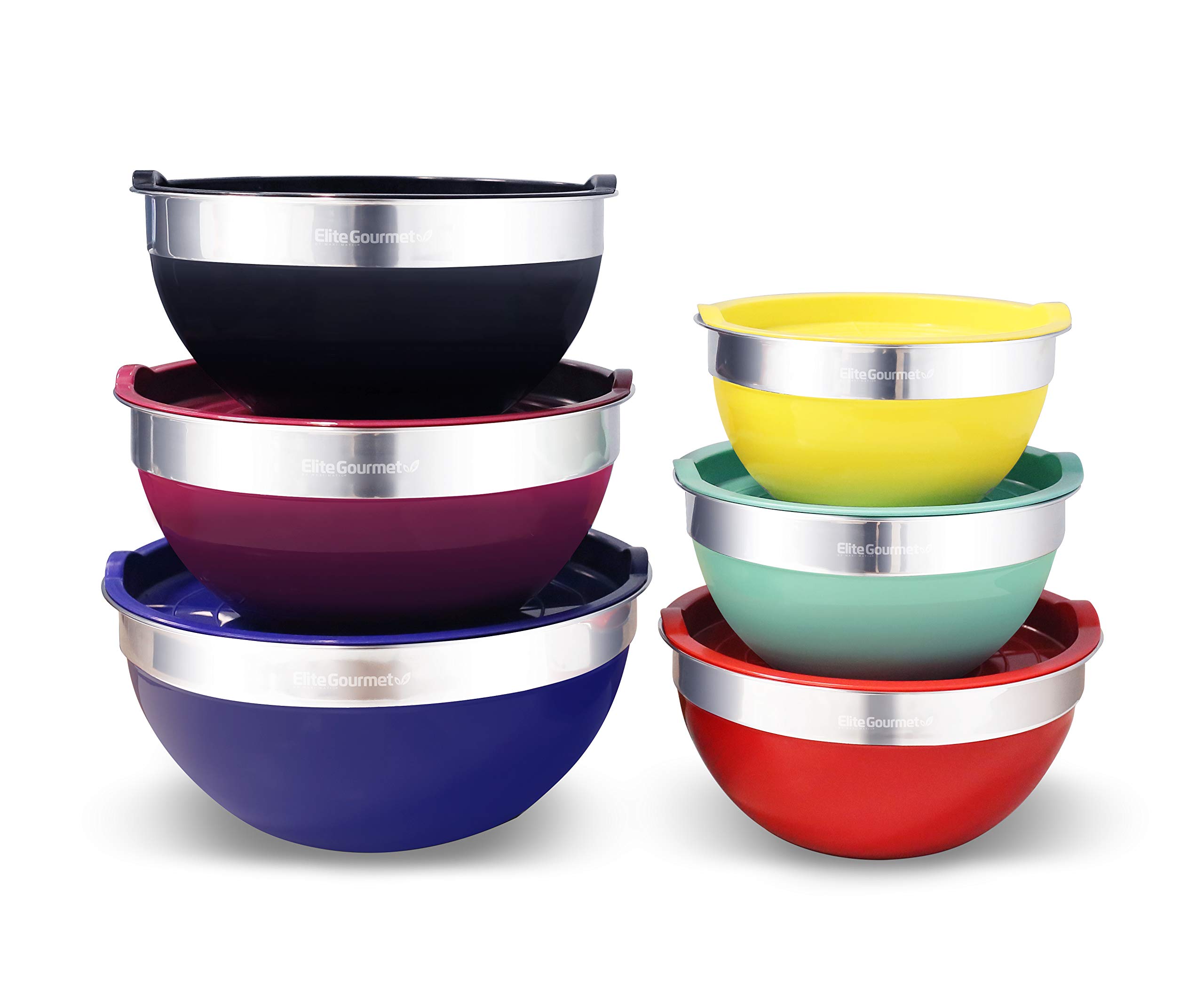 Elite Gourmet by EBS-0012 12-Piece Stainless Steel Interior Colored Stackable Nesting Mixing Bowls with Airtight Lids (Set of 6) Space Saving Food Storage, Baking, Melting Chocolate, Multi-Colors