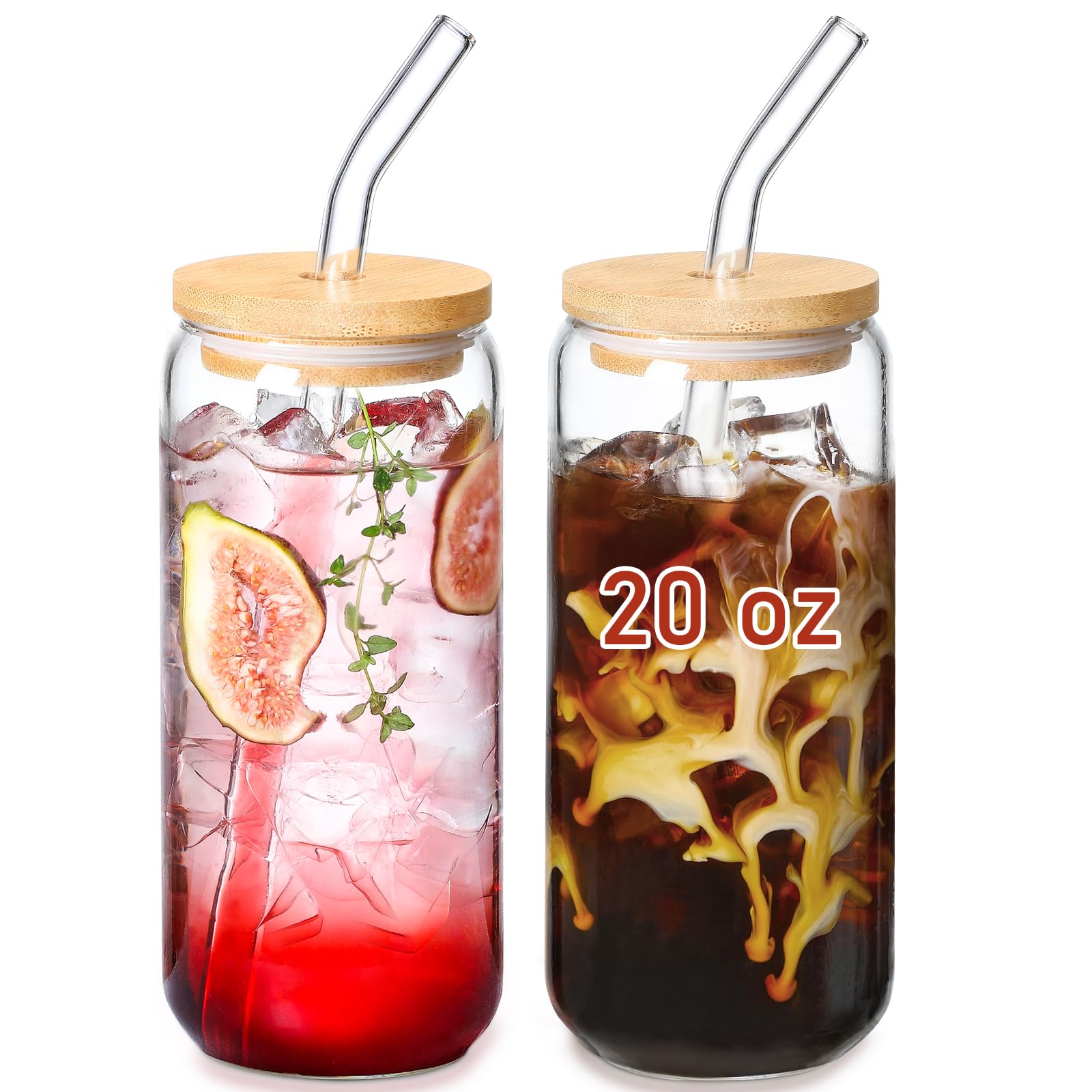 VITEVER 20 OZ Glass Cups with Bamboo Lids and Glass Straw - Beer Can Shaped Drinking Glasses Set, Iced Coffee Glasses, Cute Tumbler Cup, Aesthetic Coffee Bar Accessories, Gift - 2 Pack