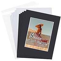 Falling in Art 5 Pack Acid Free 16x20'' Black Picture Mats Board Show Kit for 11x14'' Pictures, 4-Ply Beveled Pre-Cut Photo Boards with Backing Board and Plastic Clear Bags