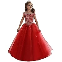 Girls Illusion Rhinestone Beading Ruffled Christmas Ball Gown Princess Pageant Dress (6, Red)