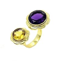 Natural Amethyst 13 MM Round Cut and Citrine 9 MM Checker Cut Gold Plated Brass Ring Astrology Jewelry