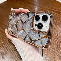 Diamond Pattern for iPhone 14 13 12 11 Pro Max Case (Transparent with Glitter Paper ) Electroplated Cover for Women Girl Soft Bling Sparkling Cases (Gold,for iPhone 12)