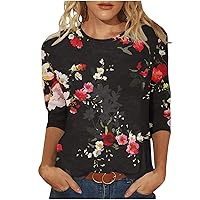 Women's Casual 3/4 Sleeve T-Shirts Round Neck Cute Tunic Tops Floral Printed Basic Tees Plus Size Blouses Loose Fit Pullover
