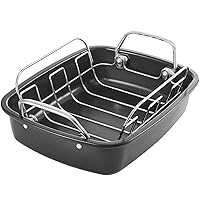 KITESSENSU Nonstick Turkey Roasting Pan with Rack 17 x 14 inch - Large Chicken Roaster Pan for Oven - Wider Handles & Heavy Duty Construction - Suitable for 24lb Turkey, Gray