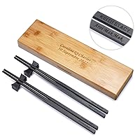 2 Pairs Natural Ebony Wood Chopsticks Reusable- Matte Finish No Varnish - Personalized Engraving - Classic Square handle Chinese or Japanese Style -New Year Christmas Gift Set With Rest and Bamboo Box