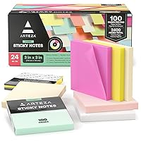 ARTEZA Sticky Notes 3x3 inches - 24 Sticky Pads (100 Pages per Pad) - Bulk Sticky Note Pads - Assorted Multicolor Self-Adhesive Sticky Notes - School and Office Supplies Blank Desk Note Pads