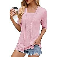 Women's Blouses Dressy Casual Solid Colour Square Neck Patchwork Five Points Sleeve T-Shirt Casual Top, S-2XL