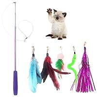 Cat Toy Wand, Interactive Feather Teaser Cat Toys Set, Retractable Cat Fishing Rod with 5pcs Refills (Purple)