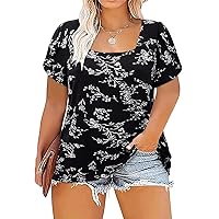 Siddhe Women Short Sleeve Plus Size Tunics, Square Neck Tops Casual Loose Fit T Shirt Blouse Summer 2024