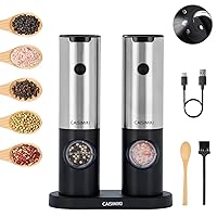 [2024 𝐔𝐩𝐠𝐫𝐚𝐝𝐞𝐝] Electric Salt and Pepper Grinder Set Stainless Steel Dual Charging Base Rechargeable Kitchen Gadgets Adjustable Coarseness Automatic Mill, One Hand Operation, 2 Pack