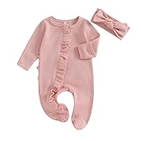Newborn Baby Girl Ruffle Romper Knit Sweater Onesie Jumpsuit Long Sleeve Zipper Footies Solid Fall Winter Outfits (Solid Pink Footie+headband,Newborn)