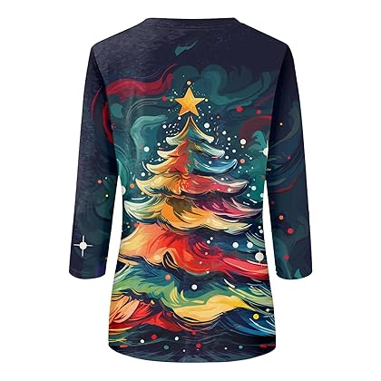 Women Christmas Shirts Casual Crew Neck 3/4 Sleeve Tops Tie Dye Gradient Xmas Printed T Shirt Loose Work Blouse