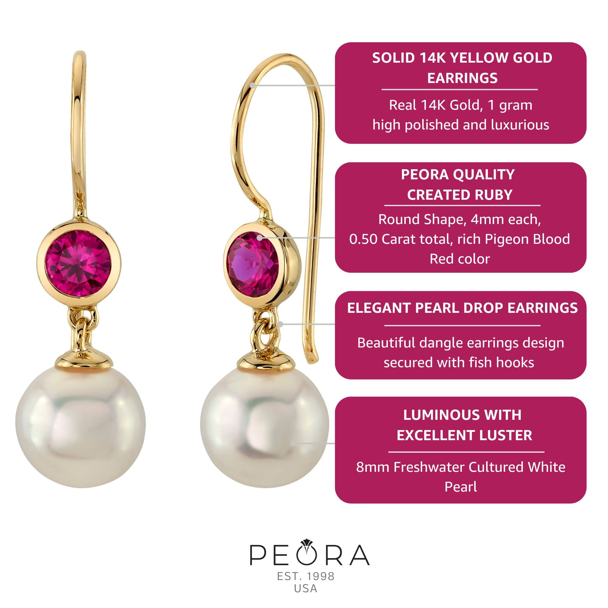 Peora 14K Yellow Gold 8mm Freshwater Cultured White Pearl and Created Ruby Drop Earrings for Women, July Birthstone, Fish Hooks