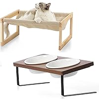FUKUMARU Dog Bed, Large Breathable Cat Bed Bundle with Elevated Cat Ceramic Bowls Solid Walnut Water Stand Feeder Set