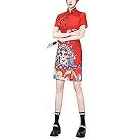 Women's Vintage Chinese Cheongsam Print Dress Short Sleeve Retro Side Slit Mini Bodycon Dress