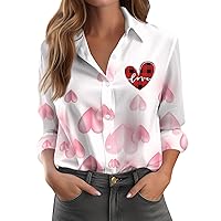 Valentine's Day Shirts for Women Heart Print Romantic Classic with Long Sleeve Button Down Lapel Collar Blouses