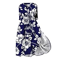 Casual Art Floral Print Button Midi Dress Short Sleeve Loose Dress Women Flowy Swing Drawstring Dresses with Pockets