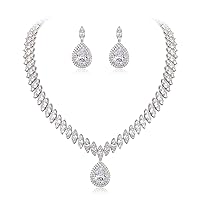 EVER FAITH Women's CZ Marquise-Shaped Leaf Teardrop Pendant Necklace Earrings Set Silver-Tone