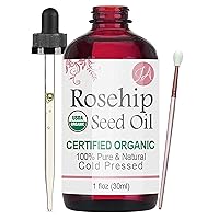 Organic Rosehip Seed Oil (100% Pure & Natural - USDA Certified Organic) Cold Pressed, Chemical Free, Unrefined, All-Natural Moisturizer for Hair, Skin, Nails - 1 Ounce
