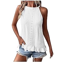 Womens Tank Tops Eyelet Embroidery Crewneck Sleeveless Going Out Top Ruffles Trim Casual Summer Basic Loose Shirts