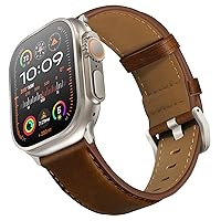 Compatible with Apple Watch Ultra 2/Ultra Band 49mm 45mm 44mm 42mm, Men Women Genuine Leather Band Strap for iWatch Band Series Ultra 2/1 SE 9 8 7 6 5 4 3 2 1, Retro Dark Brown/Titanium