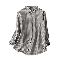Women Cotton Linen Button Down Casual Plaid Shirts Fashion Loose Fit Comfy Turn Down Collar Dressy Blosues Tops