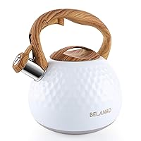 Tea Kettle, 2.7 Quart / 3 Liter BELANKO Stainless Steel Tea Kettles for Stove Top, Food Grade Teapot with Wood Pattern Handle Loud Whistling for Coffee, Milk etc, Gas Electric Applicable - Gloss White