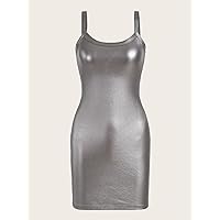 Dresses for Women Dress Women's Dress Solid PU Leather Bodycon Dress Without Tee Dress (Color : Silver, Size : Medium)