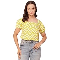 Crop Tops for Women, Square Neck, Short Puff Sleeve, Buttoned Casual Summer Top