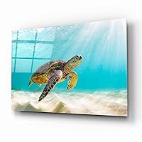 Turtle In The Blue Sea Tempered Glass Wall Art Perfect Modern Decor Fabulous New Year Gift Glass UV Printing Durable Product (70x110 cm (27x43 inches))