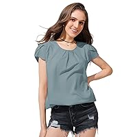 Women's Dressy Casual Round Neck Basic Pleated Tops Ruffle Cap Sleeve Trendy Blouse Business Work Summer Tshirt