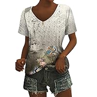 Y2K Tops for Women, Summer 2024 V Neck Short Sleeve, S XXL