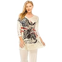 Jostar Women's Print Tunic Top - Plus Size 3/4 Sleeve V-neck Binding Rhinestone Printed T Shirts