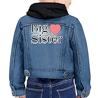 Big Sister Heart Toddler Hooded Denim Jacket - Themed Jean Jacket - Print Denim Jacket for Kids