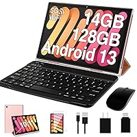 Oangcc Tablet Android 13 Tablets 14GB RAM 128GB ROM 1TB Expand, 10 Inch 8000mAh Battery with Keyboard | Mouse | GPS | Dual Camera | 5G Wi-Fi | Octa-Core Tablet PC -Rose Gold