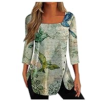 Long Sleeve Shirts for Women,Womens Fall Fashion 2023 Loose Blouse Casual Square Neck Button 3/4 Sleeve T-Shirt