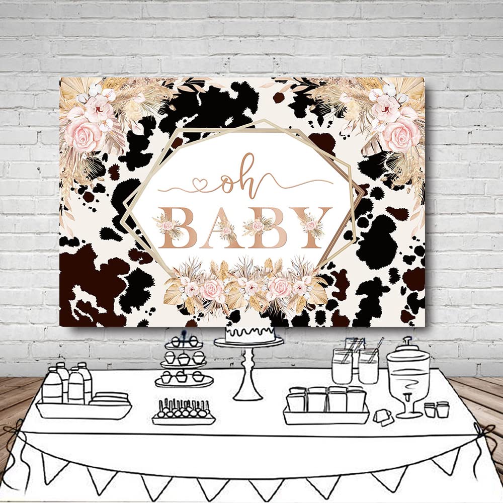 MEHOFOND Boho Cow Oh Baby Backdrop for Girls Baby Shower Blush Pink Floral First Holy Cow Boho Pampas Grass Black White Cow Print Photography Background Farm Cow Theme Baby Shower Decorations 8x6ft